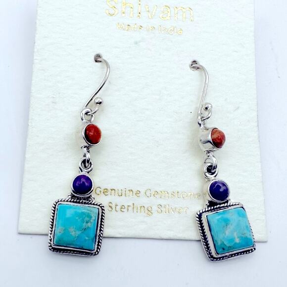 Shivam Sterling Silver Earrings NWT Mohave Turquoise Blue Drop Dangle Boho - Picture 2 of 6